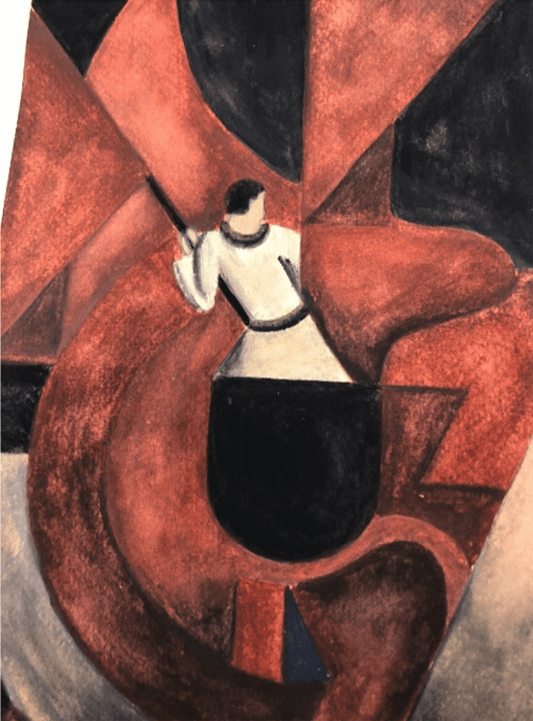 Undated gouache painting of a figure waving a red flag in an abstract style, Kiril Zdanevich