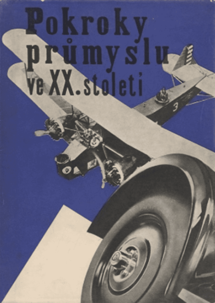 Print titled Prokroky prumyslu (Advances in technology) by Vojtech Tittelbach, depicting black and white planes against a blue background
