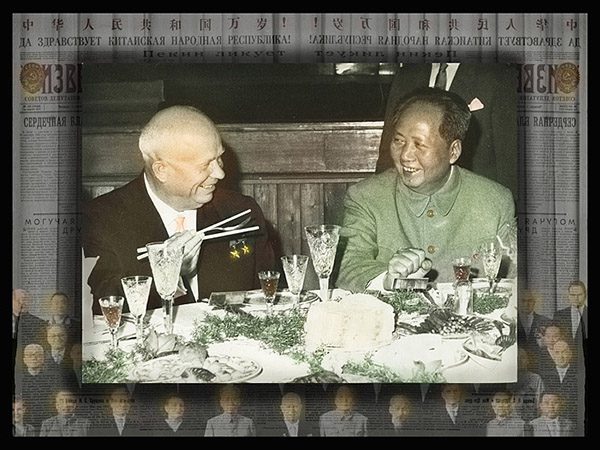 A colorized photo of Mao and Khrushchev dining together.