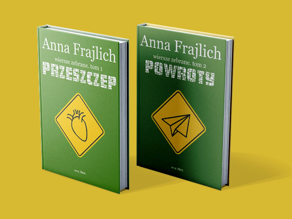 A photo depicting two volumes of Frajlich's books standing against a yellow background.