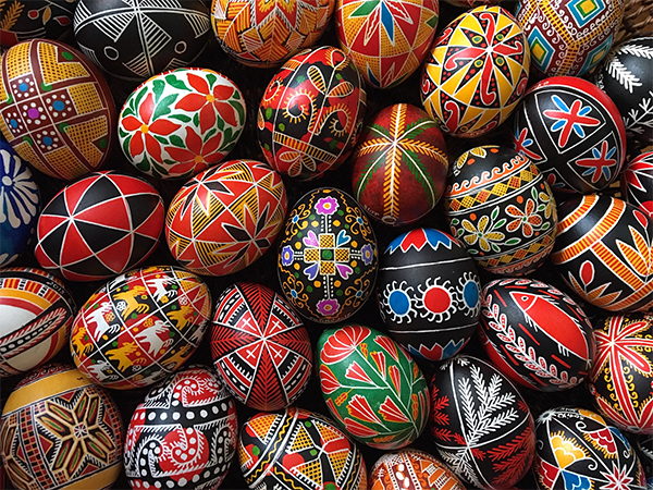 A photo of a collection of Pysanky eggs.