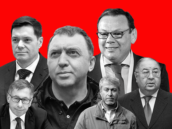 A collage of Russian oligarchs against a red backdrop
