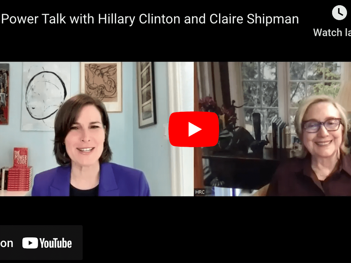YouTube still of Claire Shipman and Hilary Clinton during their discussion. Links to a news item about their conversation.