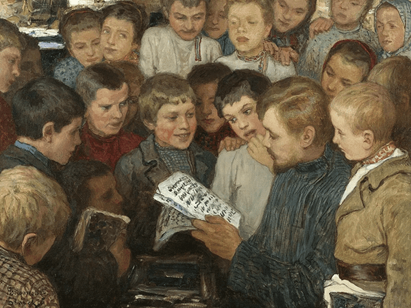 Painting of boys reading. Image links to event page.