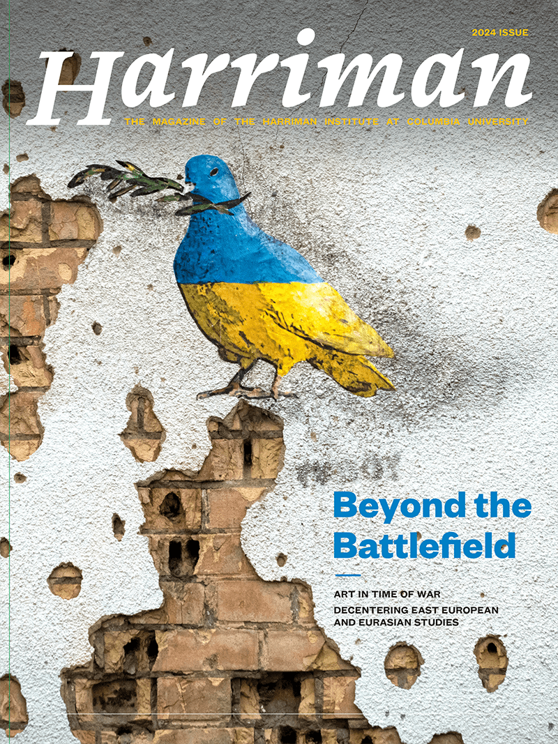 Drawing of a bird painted half blue and half yellow, juxtaposed against a concrete wall with shelling marks.