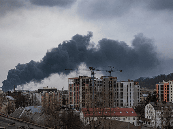 Destruction due to strike on oil storage unit during Russia-Ukraine war. Image links to event page.