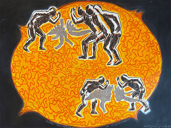 Image of painting by Michel Gerard titled Multiple Self Portrait as a Caveman